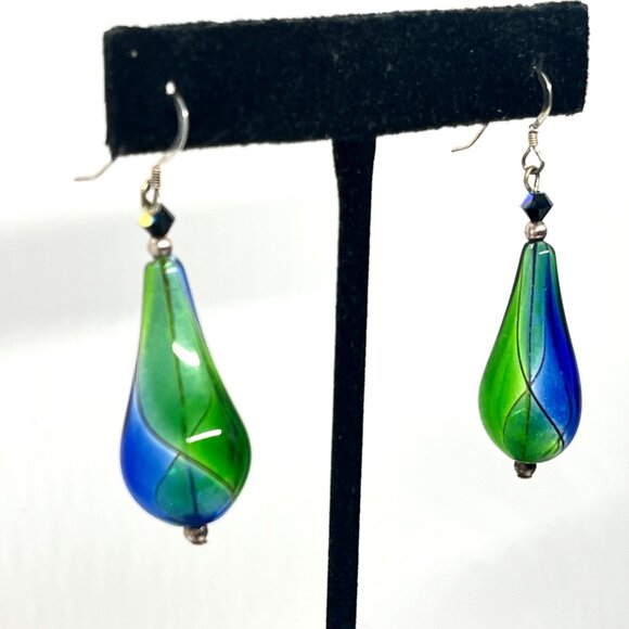 GREEN BLUE ART GLASS DROP EARRINGS STERLING 925 HOOKS HANDMADE MURANO STYLE - Picture 5 of 15
